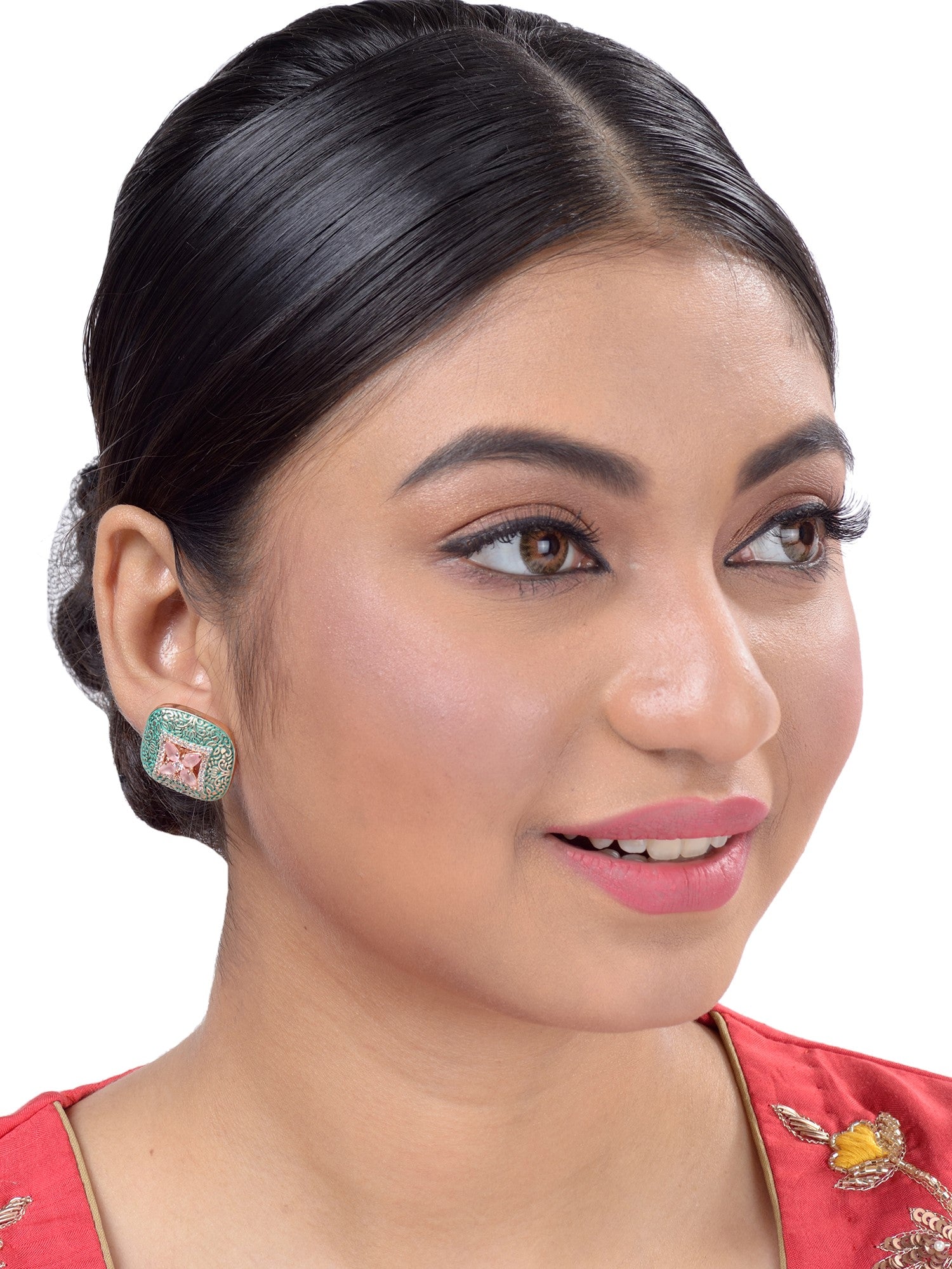 Teal Enamelled Studs Green Meenakari & Pastel Pink AD small earrings
